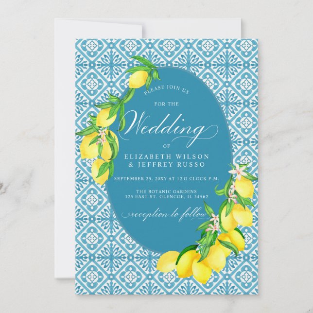 Invitación Boda Siciliano Blue Tiles Summer Lemon Boho (Anverso)