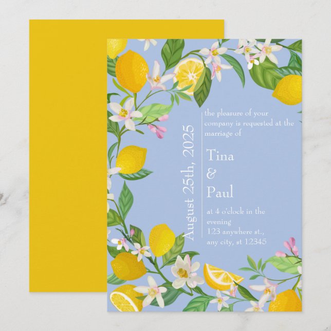 Invitación Boda siciliano de limón azul mediterráneo (Anverso / Reverso)