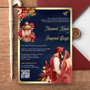 Invitación Boda Sij Anand Karaj Código QR Floral Naval Roja