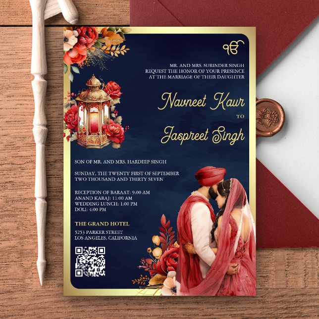 Invitación Boda Sij Anand Karaj Código QR Floral Naval Roja (Subido por el creador)