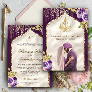 Invitación Boda Sij Anand Karaj Floral Oro Púrpura