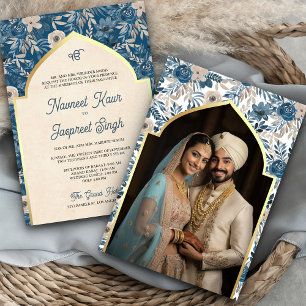 Invitación Boda Sij Anand Karaj Foto Floral Marfil Azul