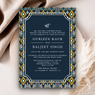 Invitación Boda Sij Anand Karaj Ikat Azul Oscuro Amarillo