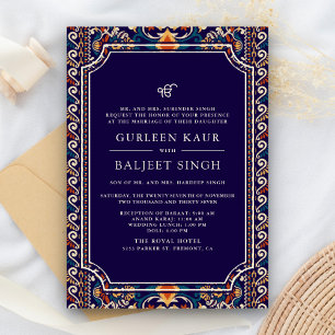 Invitación Boda Sij Anand Karaj Ikat Azul Oscuro Amarillo