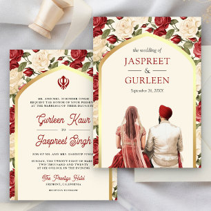 Invitación Boda Sij Anand Karaj Punjabi Floral Marfil Rojo