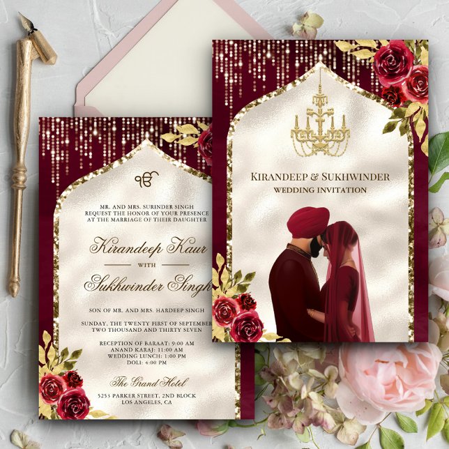 Invitación Boda Sij Burgundy Gold Floral Anand Karaj (Subido por el creador)