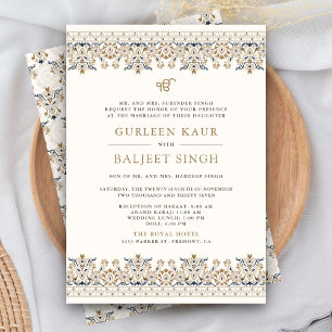 Invitación Boda Sij de Ikat marrón de marfil Anand Karaj
