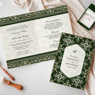 Invitación Boda Sij en verde oscuro con bordado de punto de c
