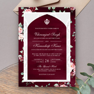 Invitación Boda Sij Punjabi Anand Karaj Floral Borgoña