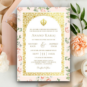 Invitación Boda Sij Punjabi Anand Karaj Floral de Melocotón