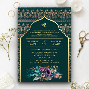 Invitación Boda Sijh Anand Karaj Pavo Real Dorado Turquesa