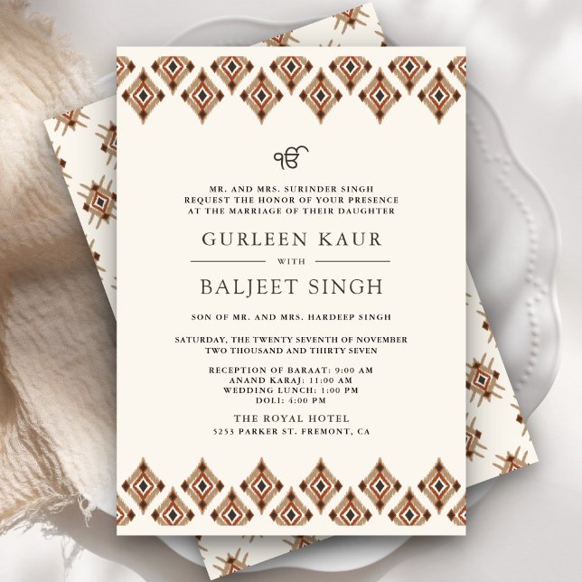 Invitación Boda Sikh Anand Karaj Geométrica Marrón Ikat (Subido por el creador)