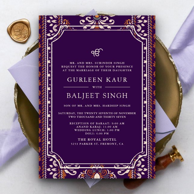 Invitación Boda Sikh Anand Karaj Ikat Amarillo Púrpura Oscuro (Subido por el creador)