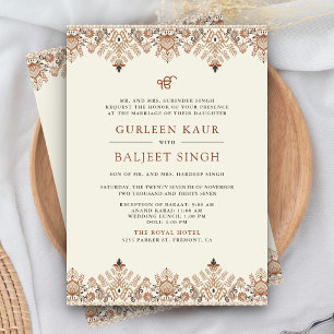 Invitación Boda Sikh Anand Karaj Ikat Crema Marrón