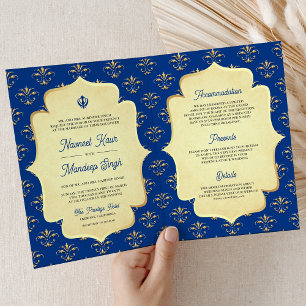 Invitación Boda Sikh Anand Karaj Ornamentada con Oro y Azul R
