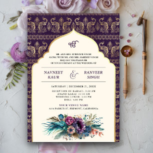 Invitación Boda Sikh Anand Karaj Pavo Real Morado Marfil