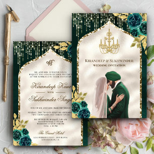 Invitación Boda Sikh Anand Karaj Verde Esmeralda Floral Dorad
