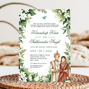 Invitación Boda Sikh Floral Jazmín Blanco Follaje Verde