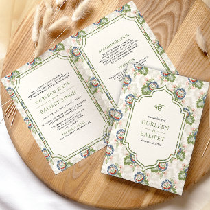 Invitación Boda Sikh Floral Verde Azul Marfil Todo en Uno