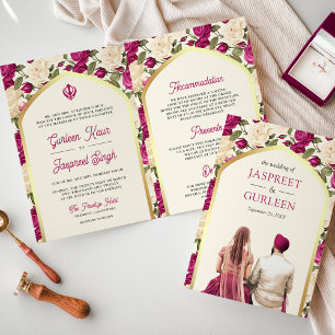 Invitación Boda Sikh Magenta Marfil Floral Todo en Uno