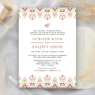 Invitación Boda Sikh Red White Ikat Anand Karaj