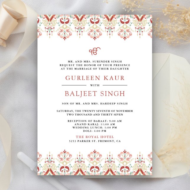 Invitación Boda Sikh Red White Ikat Anand Karaj (Subido por el creador)