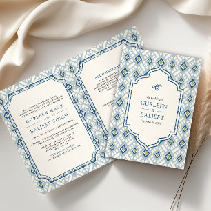 Invitación Boda Sikh Todo en Uno de Ikat Crema Azul Marfil