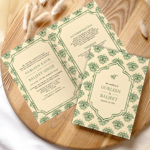 Invitación Boda Sikh Todo en Uno de Ikat Damask Crema Verde