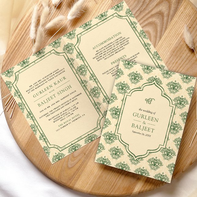Invitación Boda Sikh Todo en Uno de Ikat Damask Crema Verde (Subido por el creador)