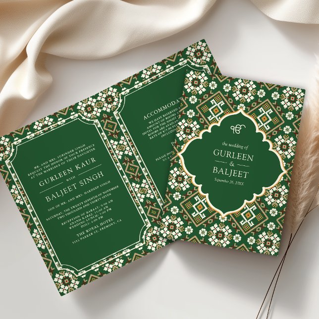 Invitación Boda Sikh Todo en Uno Verde Beige Ikat Geométrico (Subido por el creador)