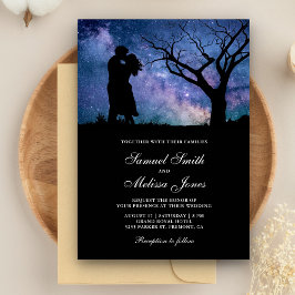 Invitación Boda Silueta de Pareja Romántica Galaxia Azul