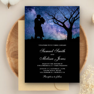 Invitación Boda Silueta de Pareja Romántica Galaxia Azul