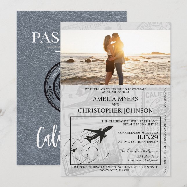 Invitación Boda Silver California Passport (Anverso / Reverso)