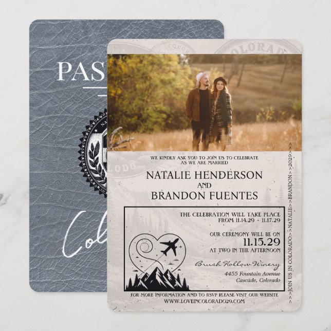 Invitación Boda Silver Colorado Passport (Anverso / Reverso)
