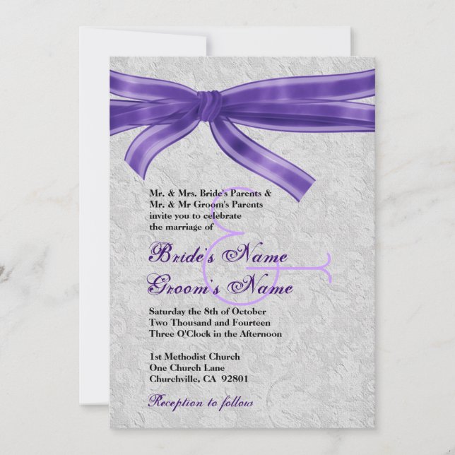 Invitación Boda Silver Damask y Purple Bow (Anverso)