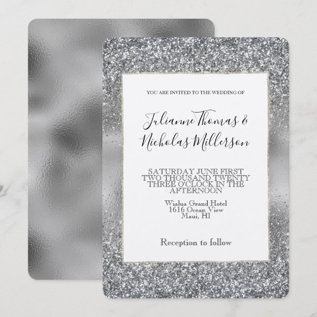 Invitación Boda Silver Glam Sparkle Glitz (Anverso / Reverso)
