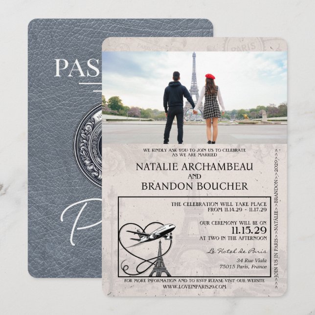 Invitación Boda Silver Paris Passport (Anverso / Reverso)