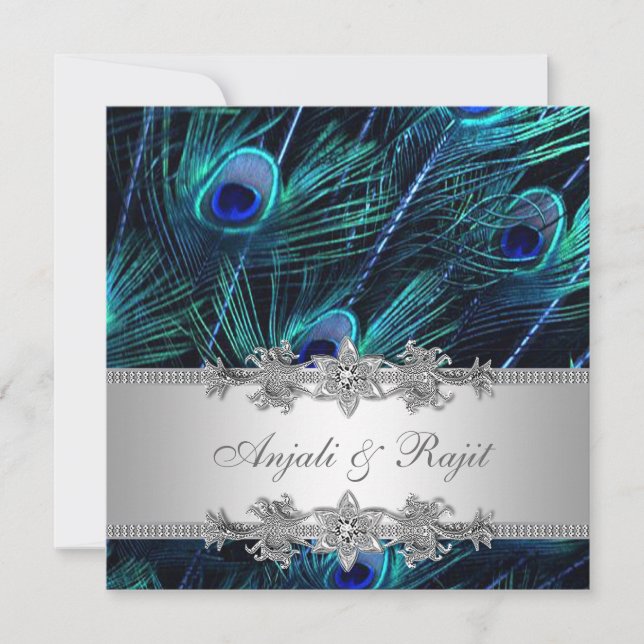 Invitación Boda Silver Royal Blue Peacock (Anverso)