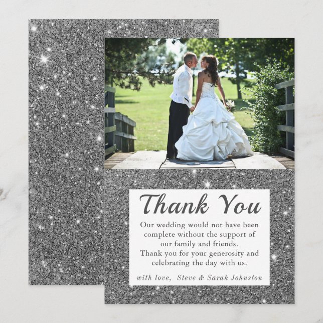 Invitación Boda Silver Sparkle Foto Gracias Cartas (Anverso / Reverso)