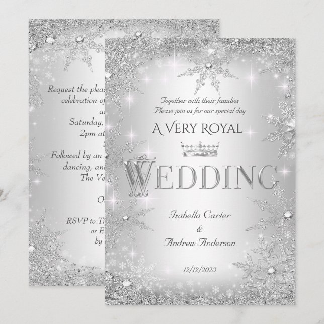 Invitación Boda Silver Winter Wonderland Royal Crown (Anverso / Reverso)