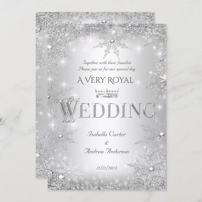 Invitación Boda Silver Winter Wonderland Royal Crown (Anverso / Reverso)
