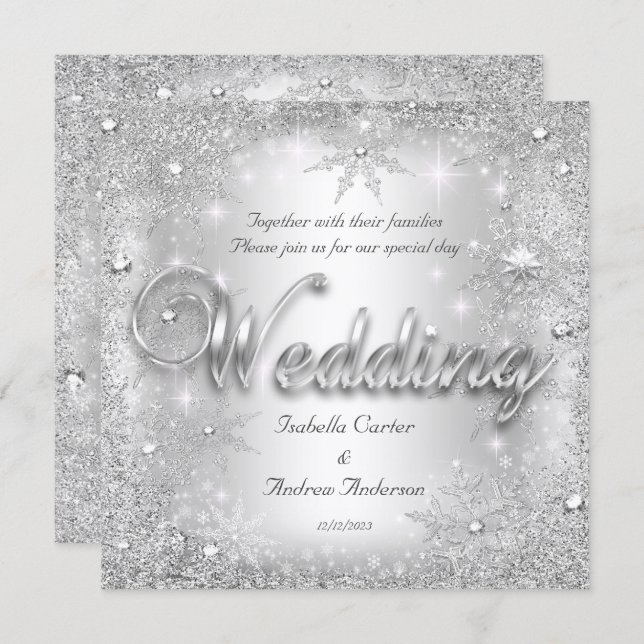 Invitación Boda Silver Winter Wonderland Snowflakes (Anverso / Reverso)