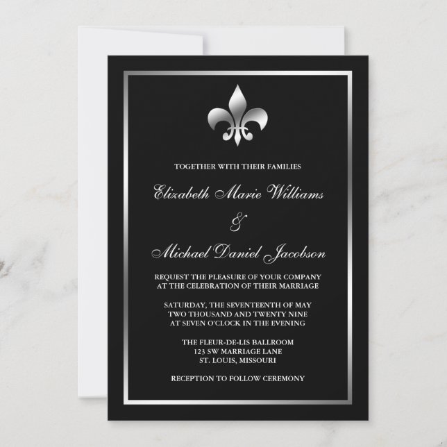 Invitación Boda Silver y Black Fleur de Lis (Anverso)