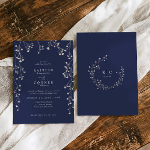 Invitación Boda Silvestre Boho de Bebé Azul Marino Aliento de