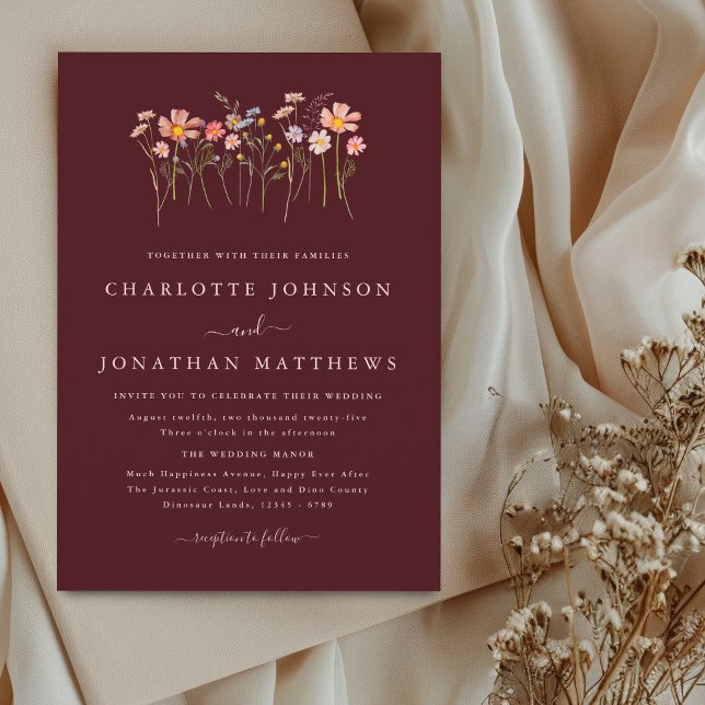 Invitación Boda Silvestre Boho Otoño Borgoña Rosa Rosado (Elegant watercolor wildflower meadow burgundy blush pink wedding invitation)