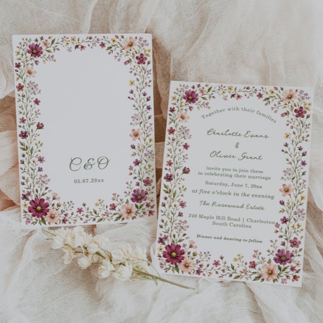 Invitación Boda silvestre boho rosa rubor burgundy (Subido por el creador)