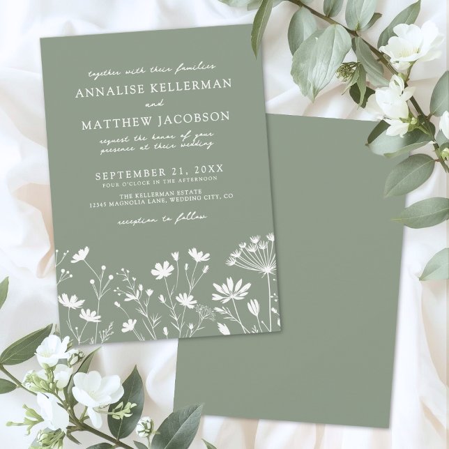Invitación Boda Silvestre de Salvia Verde (Wildflower Sage Green Wedding Invitation)
