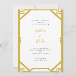 Invitación Boda Simple Art Déco de Oro y Blanco Vintage