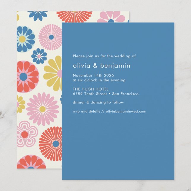 Invitación Boda simple azul de las flores populares escandina (Anverso / Reverso)