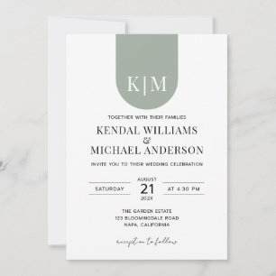 Invitación Boda simple blanca polvorienta verde elegante mono